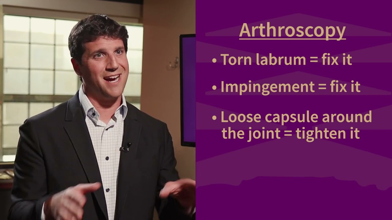 Hip Preservation 6 Dr. Michael ellman, md explaining arthroscopy; a slide with info that denotes how to handle a torn labrum, impingement, and loose capsule around the joint.